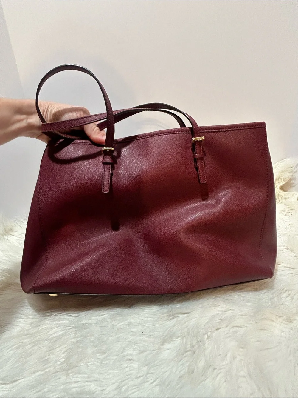 Michael Kors Wine Jet Set Travel Saffiano Leather Tote with Gold Logo Charm